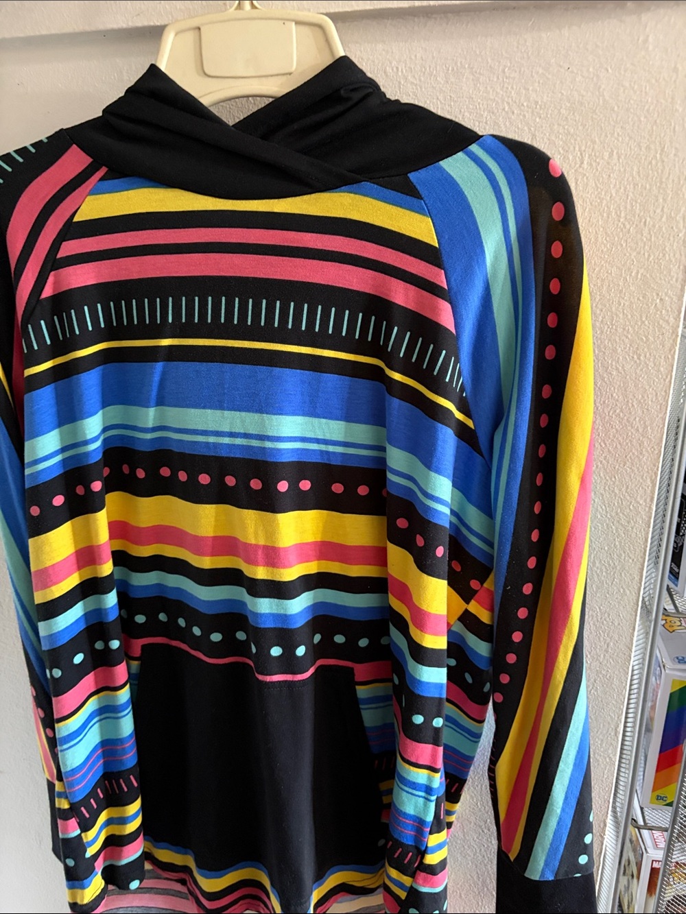 LulaRoe Color block Striped Hoodie Top - Black with Multi-Color Stripes